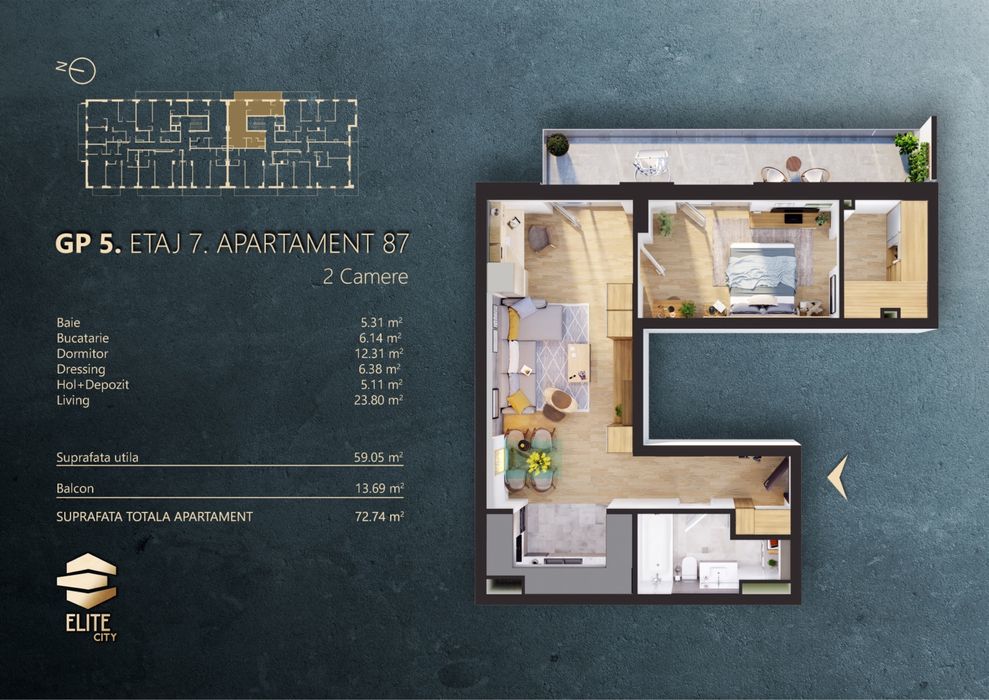 Apartament 2 camere finisat 60mp terasa garaj Elite City priveliste