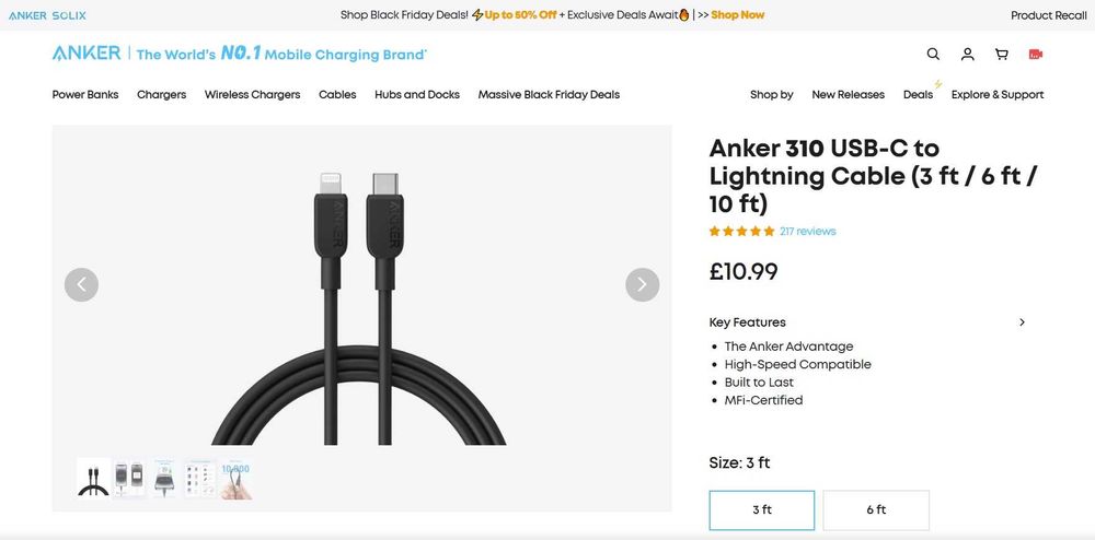 Кабел Anker 310 USB-C към Lightning за iPhone