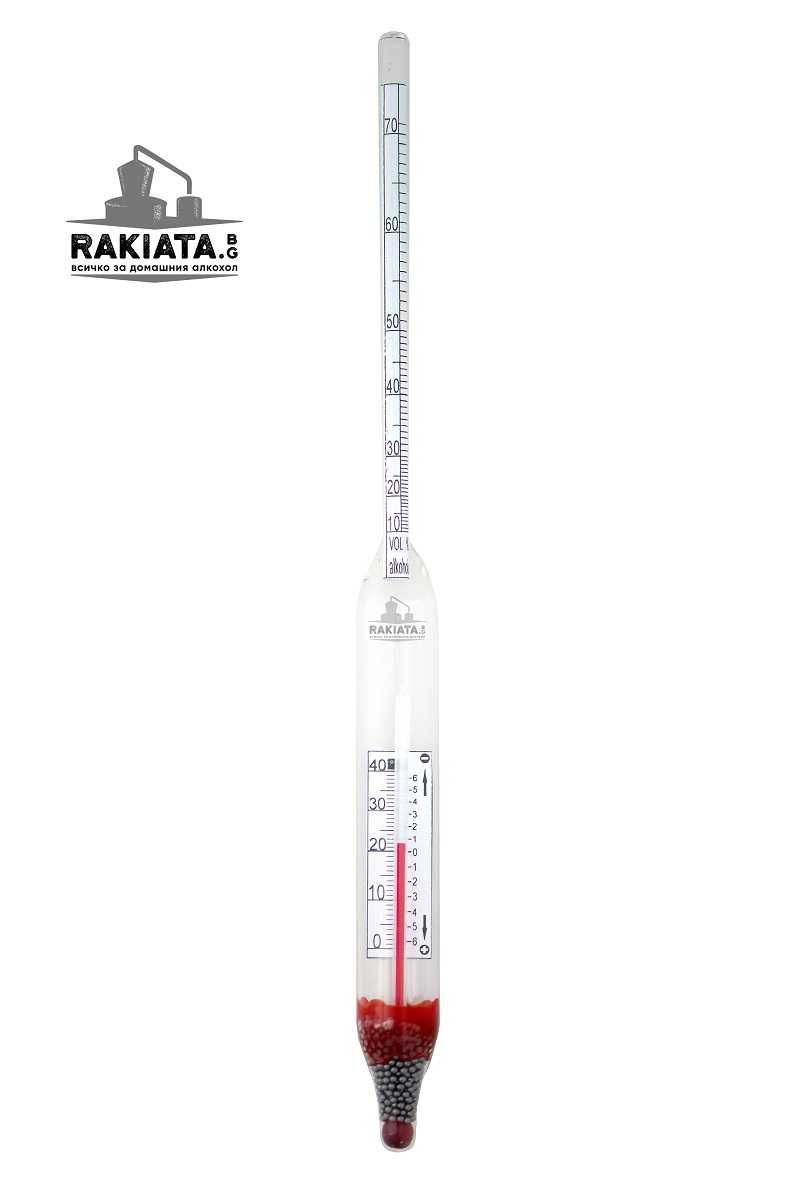 Спиртомер с колба и вграден термометър, Обхват 10-70%,0-40°C, 20200008