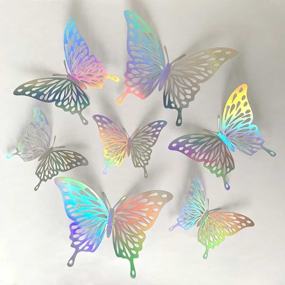 Set 12 fluturi 3D Holografici. Diferite dimensiuni. Autoadeziv. Decor