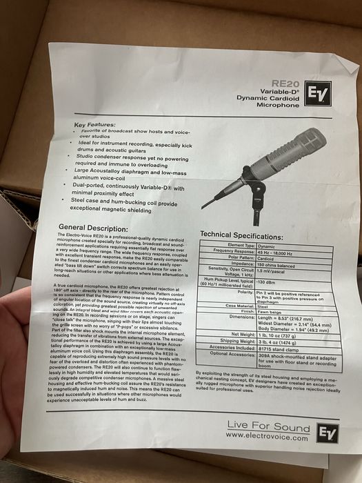 Electro Voice RE20 - Ca Nou - La Cutie - Accesorii