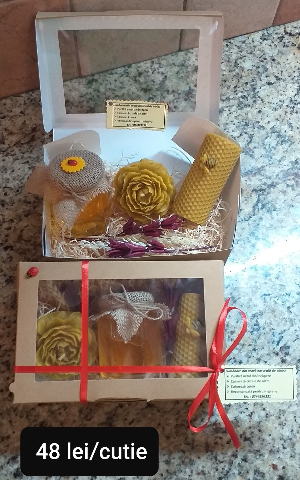 Cutie cadou cu miere naturală și lumânări din ceară naturală de albine