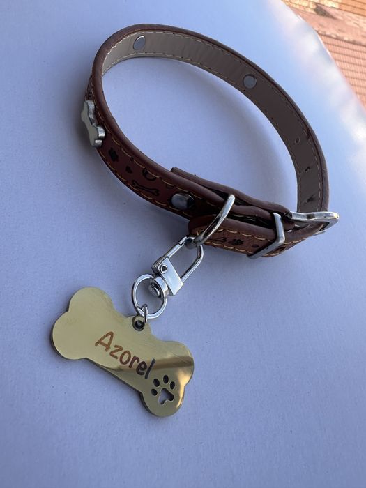 Zgarda piele pentru caine, cadou tag personaliAt