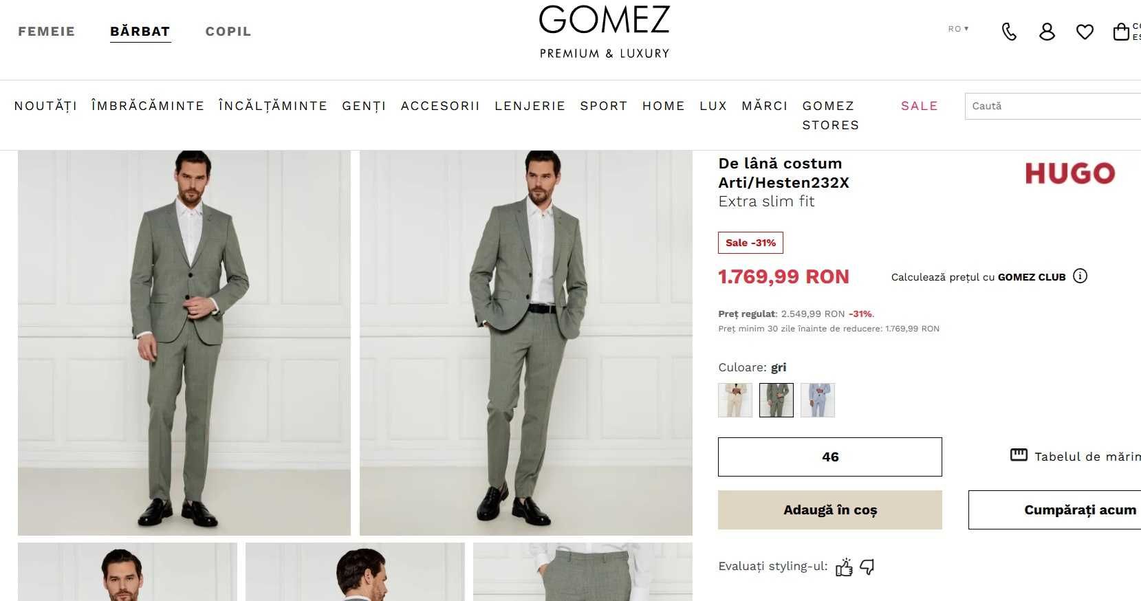 Costum slim de lux 60 XXL HUGO BOSS NOU lana moale respirabila