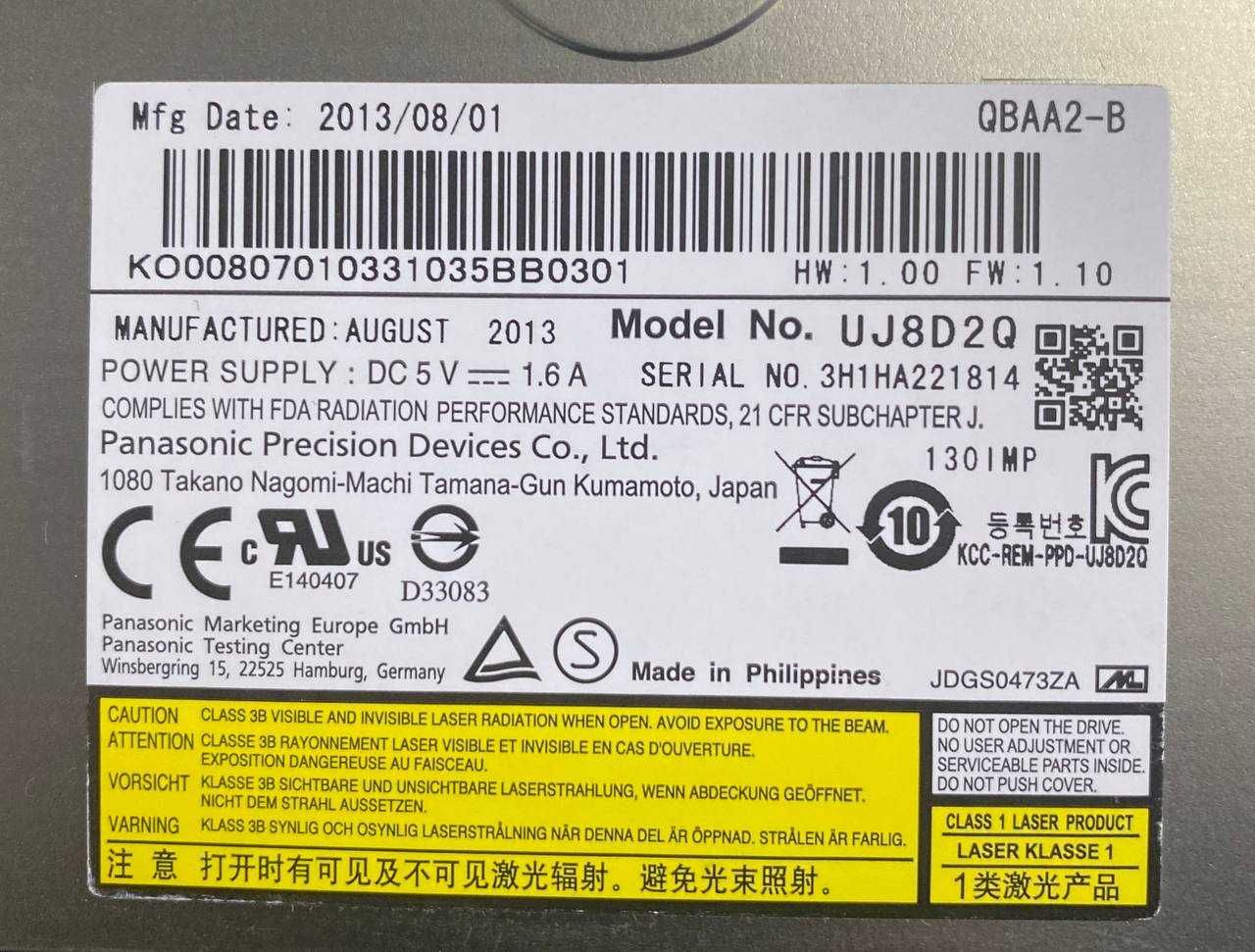 Продам DVD-RW Привод Panasonic UJ8D2Q 9 мм Для Ноутбука
