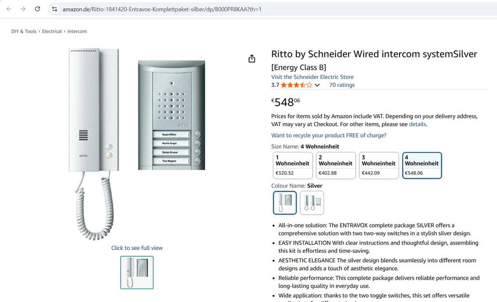 Kit interfon 4 tel Ritto by Schneider Argintiu [Clasa energetică B]