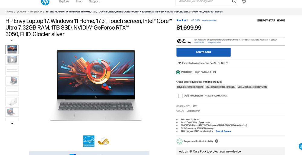HP Envy 17 Touch Ultra 7 155U 32GB NVIDIA RTX 3050 1TB SSD WiFi7 Win11