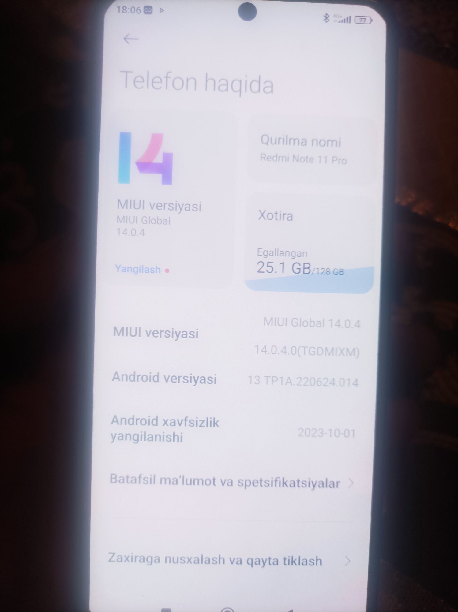 Redmi 11pro xotira 128