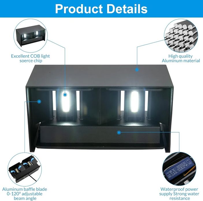 Комплект от 4×24 W LED стенни лампи за вътрешна/външна употреба, черни