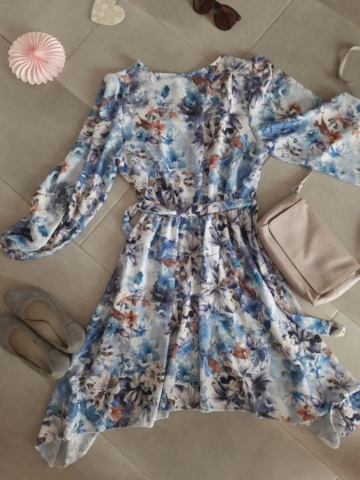 Rochie de vara albastra florala, asimetrica NOU