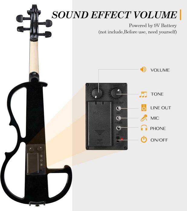 LALAHO Електрическа цигулка в пълен размер, абаносови фитинги, черна