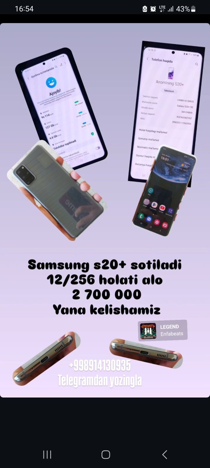 Samsung S20+ 5g sotiladi