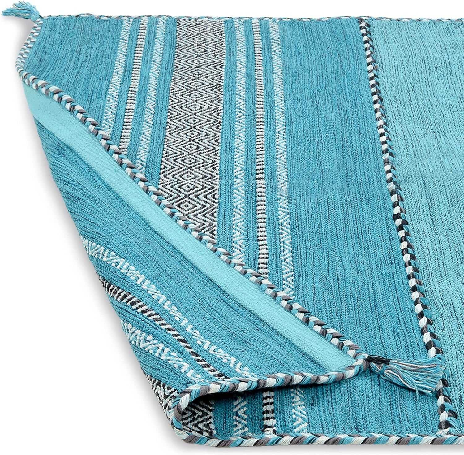 Ръчно тъкан килим 200X290Cm в сиво, морско синьо и кафяво, 100% памук