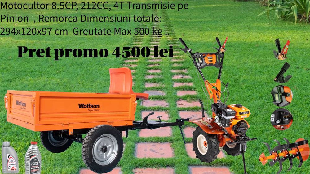 Motocultor 8.5CPTransmisie pe pinion -  Cu Remorca   ..
