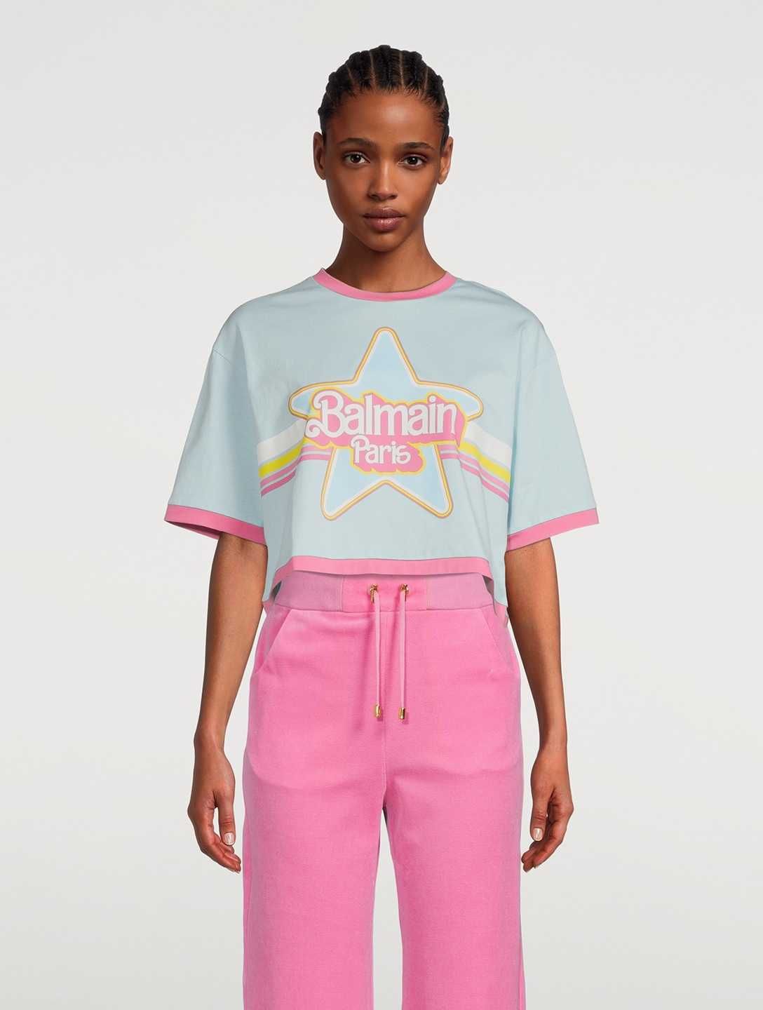 BALMAIN x Barbie Logo Print Cropped Oversized Дамска Тениска XS и M