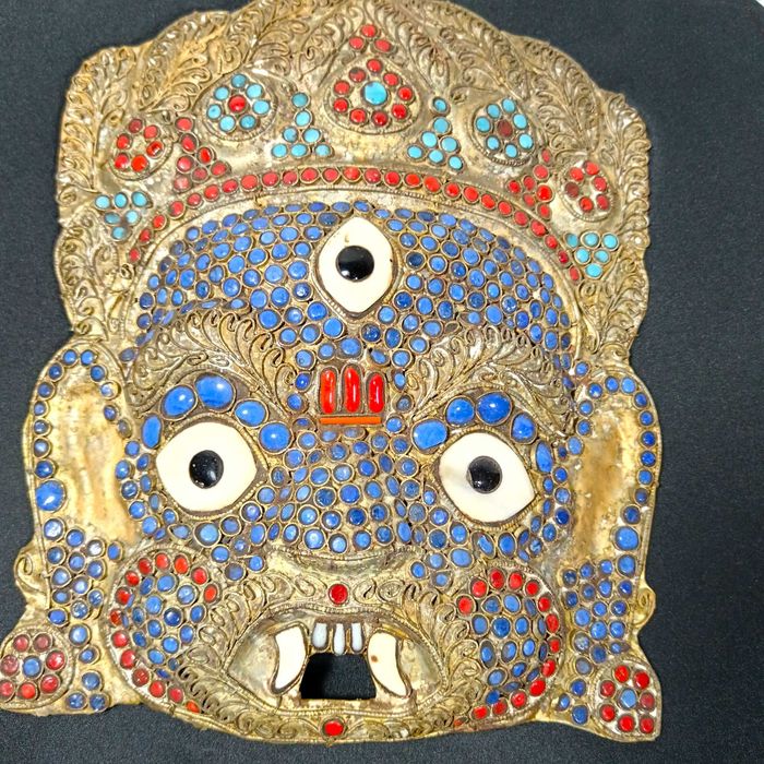 Masca antica tibetana traditionala Buddha Mahakala, turcoaze, coral