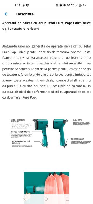Aparat de calcat vertical cu abur tefal pure pop