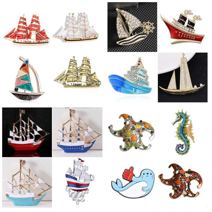 Значки-броши морская тема. Корабли. Якоря. Киты. Акулы. Дельфины. Рыбы