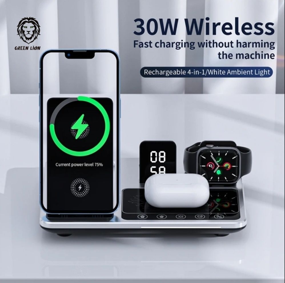 Green Lion 4 в 1 беспроводной зарядка 30W для iPhone iWatch AirPods