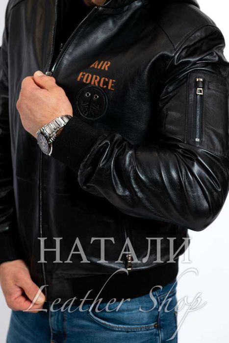 Кожен бомбър Александър с качулка