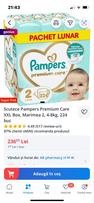 Pampers premium care nr 2 336 bucăți