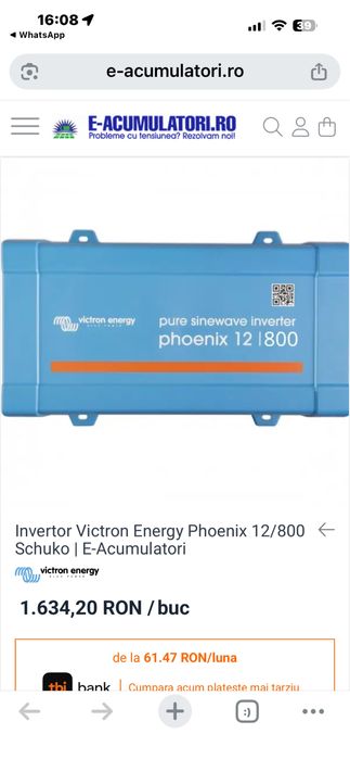 Invertor Victron 12/800 plus dispozitiv inteligent cuplare Baterie