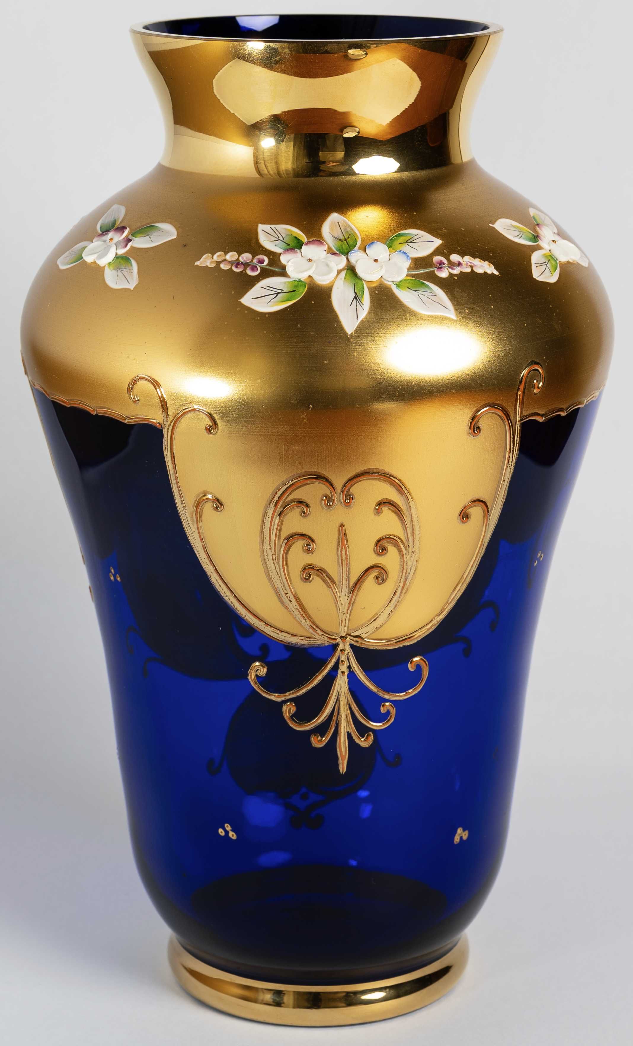 Vaza Cristal Bohemia Albastru Cobalt si Auriu cu Motive Florale