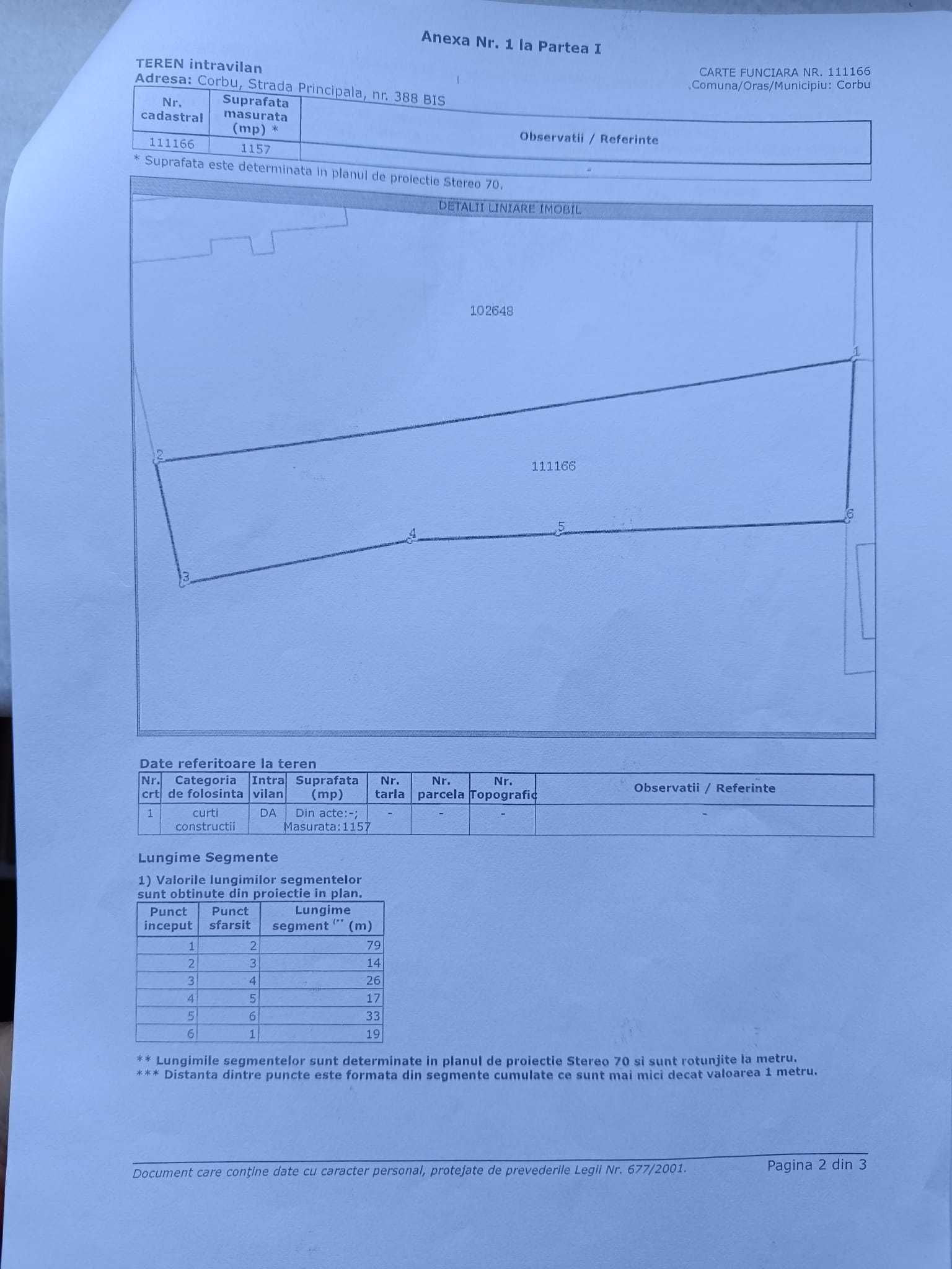 Teren intravilan Corbu 1.157 mp, front stradal 14 m, strada principală