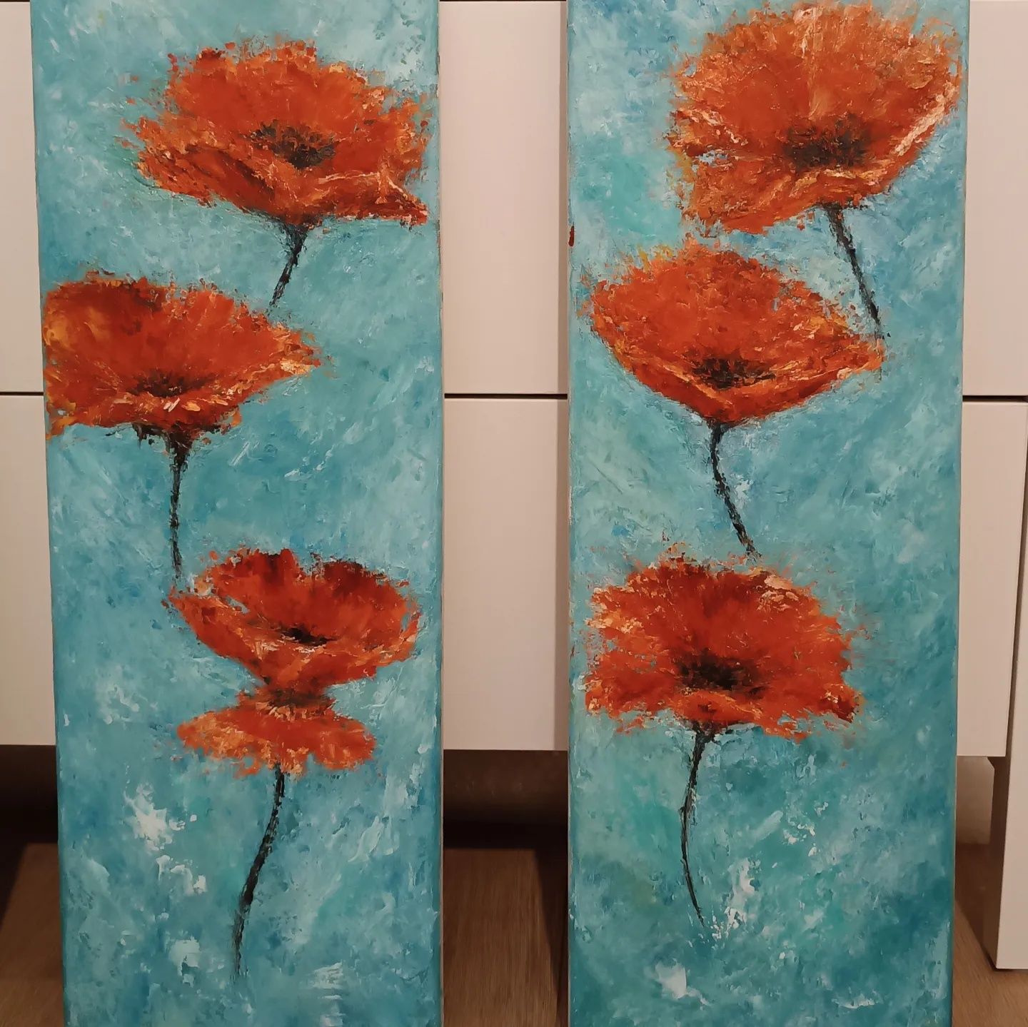 3 Tablouri in ulei pe canvas, " Poppies in the Wind..", 50/20 cm.