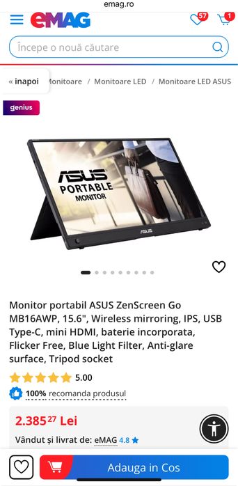 Monitor portabil ASUS ZenScreen Go MB16AWP, 15.6"