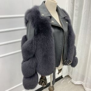 Дамско късо кожено яке естествен косъм лисица и естествена кожа