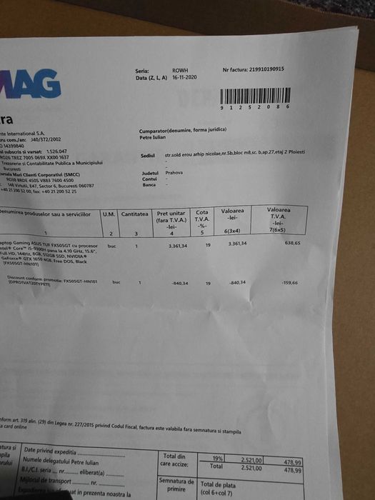 vand laptop asus gaming tuf fx505gt, i5, gtx1650, an 16-11-2020