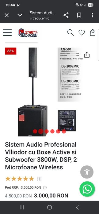 Sistem Audio Profesional Vlliodor cu Boxe Active + Subwoofer 3800W Nou