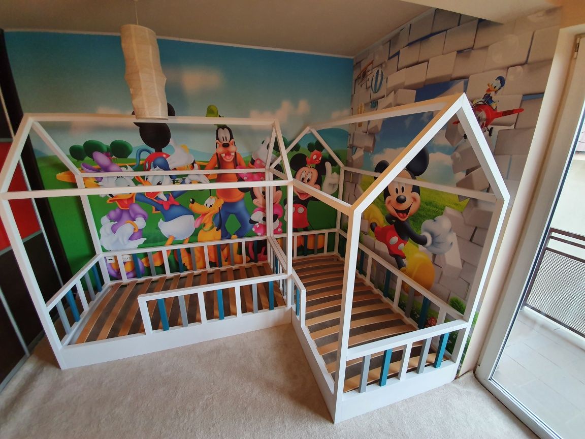 Pat casuta Montessori, pat supraetajat, rafturi casuta, mobila copii