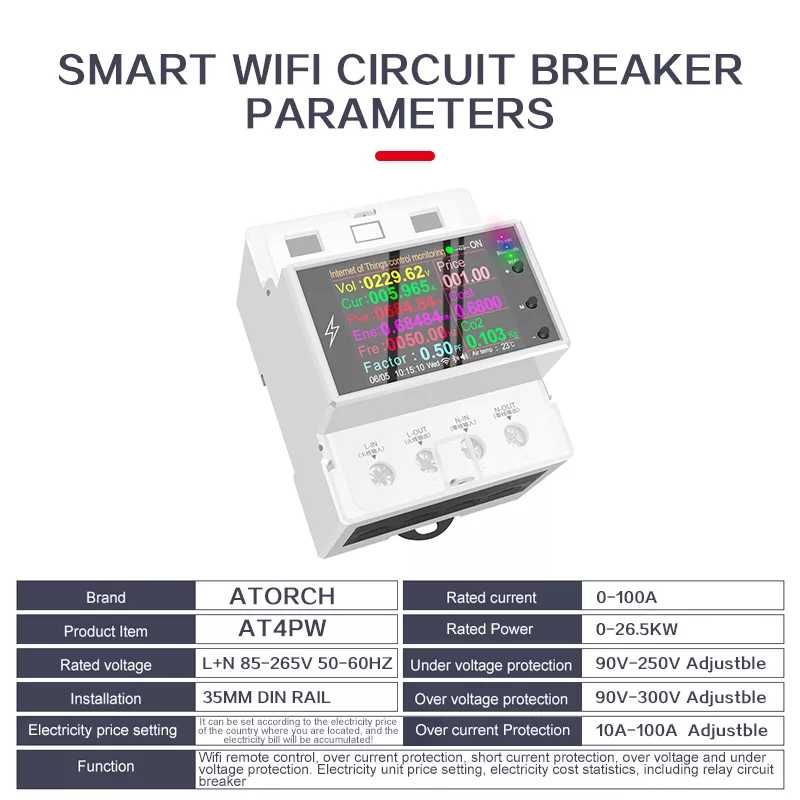 4P 100А WiFi монофазен eлектромер Atorch AT4PW