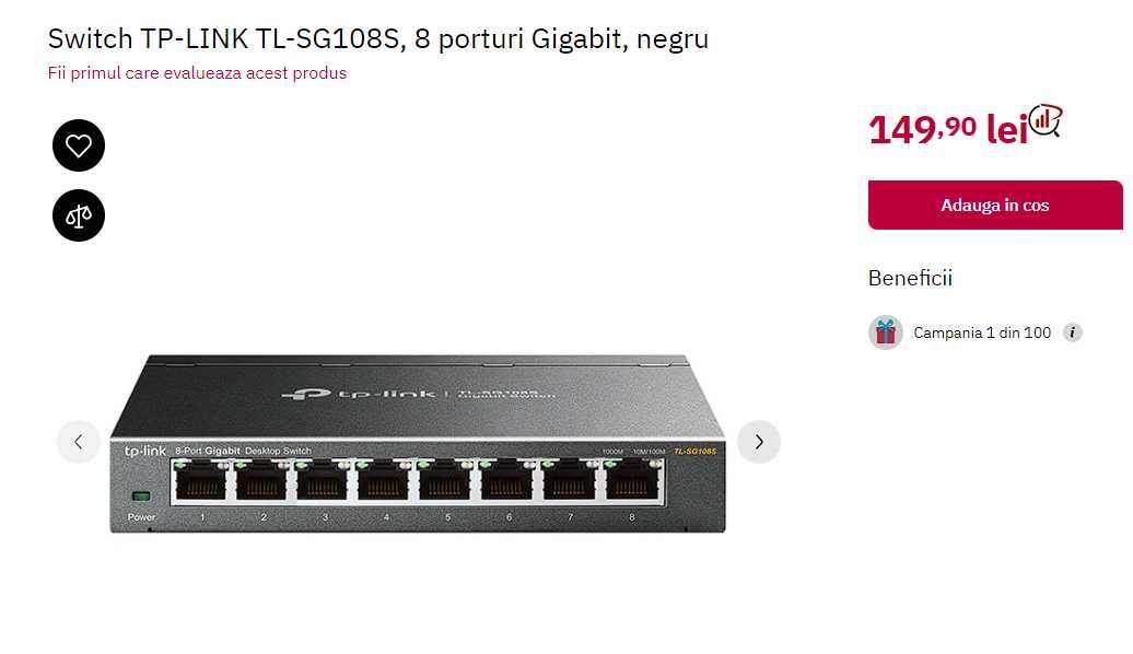 Switch TP-LINK TL-SG108S, 8 porturi Gigabit, negru