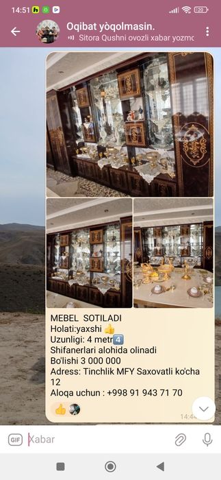 Mebil sptiladi xolati yaxshi 4 metir shkaflari alohida olinadi