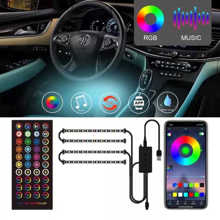 Bandă led interior RGB becuri led auto BMW, Audi, Mercedes, etc.