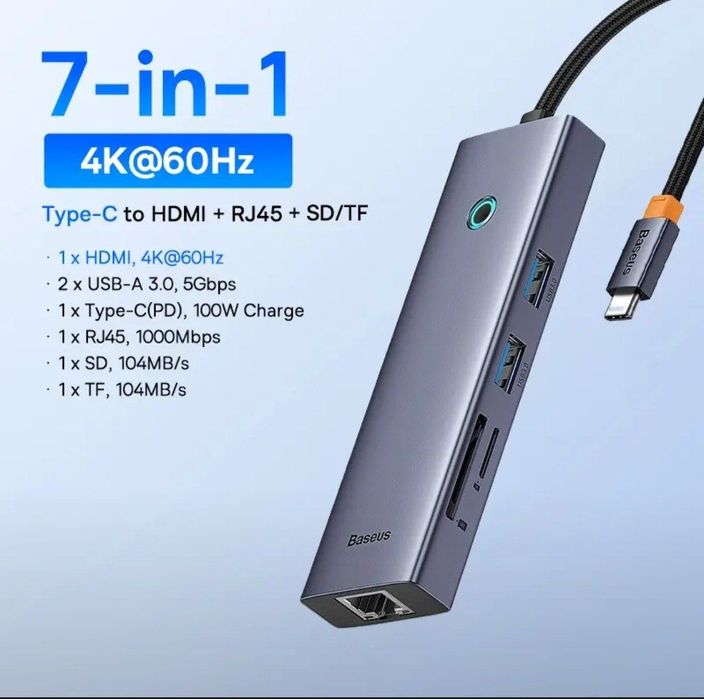 Baseus Hub Хаб 7 в 1 Концентратор Hdmi 4k Usb 3.0 Rj45, Sd Tf карты