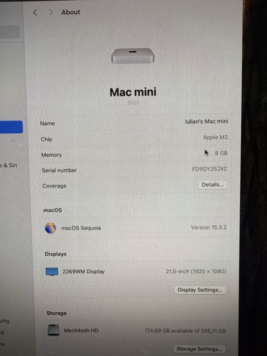 Mac Mini M2, 8 Nuclee CPU, 10 nuclee GPU, 256Gb