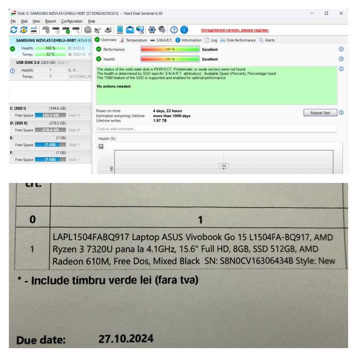 Laptop ASUS Vivobook GO 15, Ryzen 3 7320U, 8 GB RAM, SSD 512 (CA NOU)