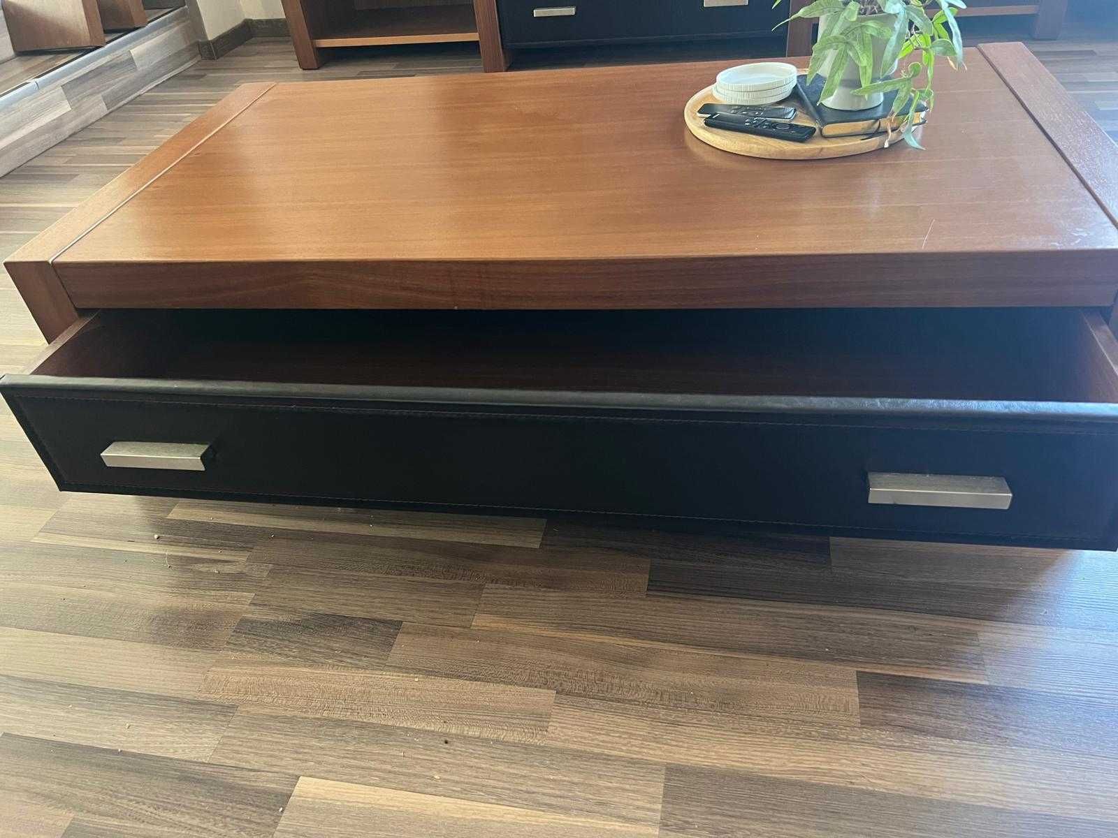 Masa de cafea din lemn cu sertar piele spațios – design modern - SIBIU