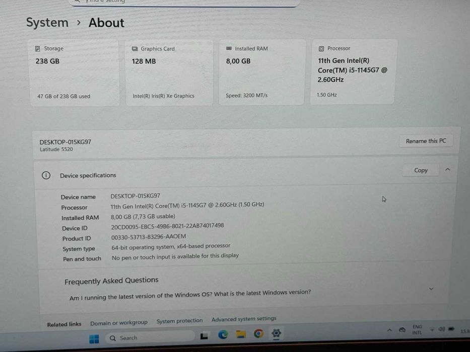 Dell Latitude 5520 i5 11 gen/8RAM/256GB SSD/Intel® Iris® Xe/Full HD