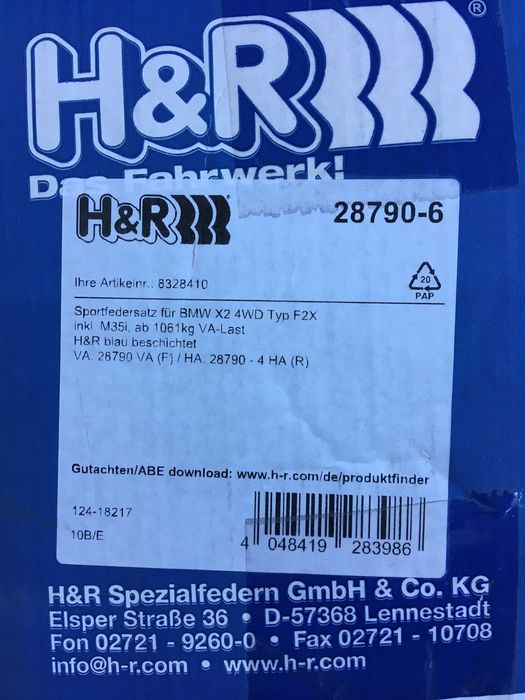 Спортни пружини H&R за BMW X2 F39 2017-
