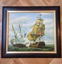 tablou ulei pe carton marina corabie batalie navala corabii