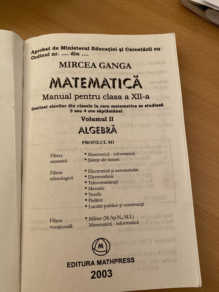 Manual matematica  pentru clasa a 12 a (M1)