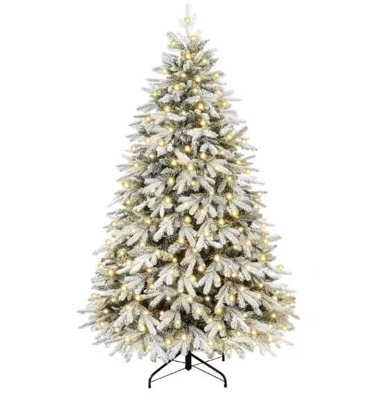 Brad artificial Yorbay 180 cm, Alb cu Fulgi de Zăpadă, Iluminat LED