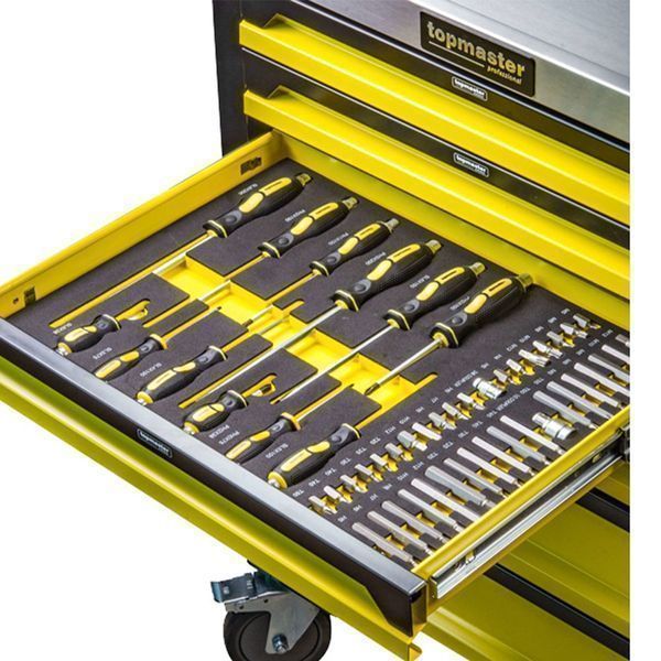 Шкаф с инструменти topmaster, 7 чекмеджета, 182 части, 4 модула