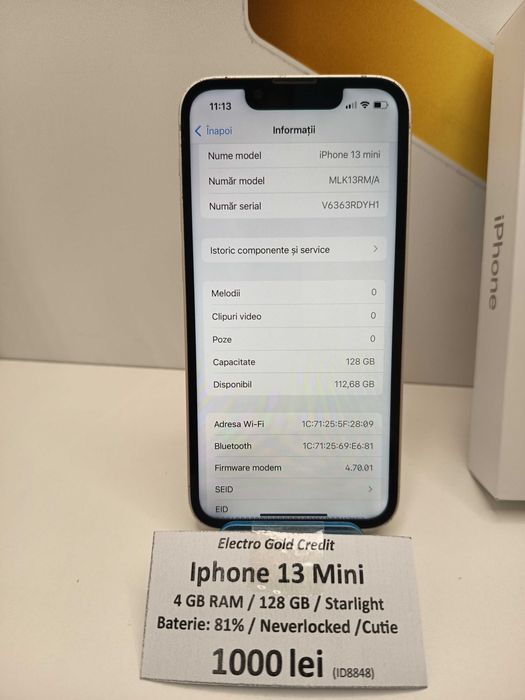 Iphone 13 Mini 4GB RAM/128GB/Starlight/Neverlocked/Baterie:81% ID:8848
