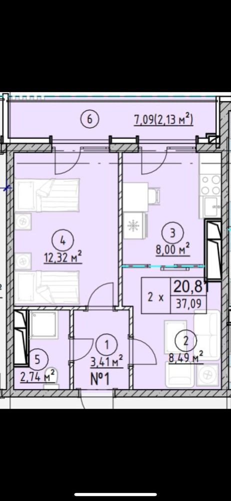 Квартира 2х комнатная 38м2
